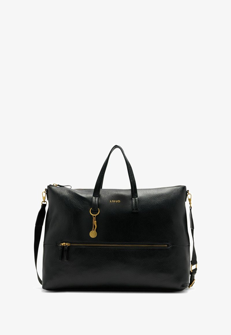 Zwarte leren handtas met gestructureerd oppervlak, gouden hardwareaccenten, bovenhandvatten, verstelbare schouderriem en voorste ritszak.
