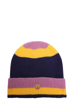 Bonnet tricoté en violet, bleu marine et jaune, avec un revers contrastant et un petit logo circulaire à l'avant.