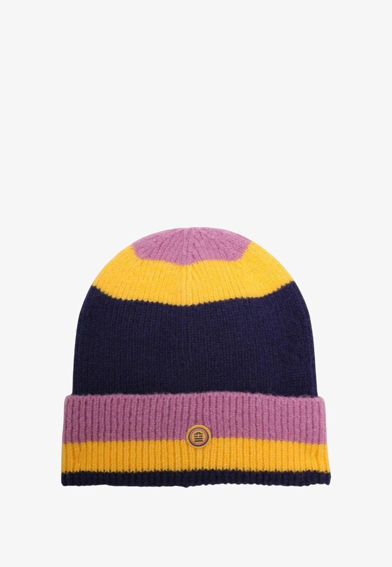 Bonnet tricoté en violet, bleu marine et jaune, avec un revers contrastant et un petit logo circulaire à l'avant.