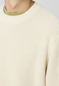 Pull en tricot de couleur crème avec un col rond côtelé et un tissu texturé. Superposé avec une chemise légère de couleur olive en dessous.