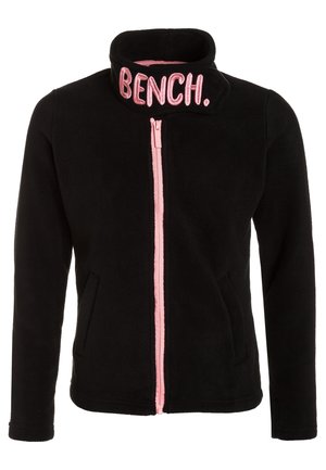 Sort fleecetrøje med lyserød lynlås, to sidelommer og høj krave broderet med "BENCH." i lyserøde bogstaver.
