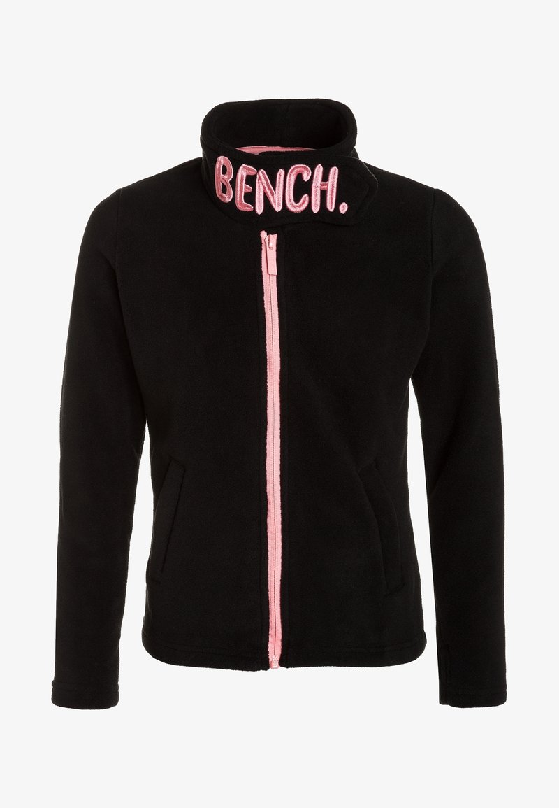 Veste en polaire noire avec fermeture éclair rose, deux poches latérales et un col montant brodé de "BENCH." en lettres roses.