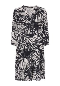 Svart och vit klänning med ett blommigt palmbladsmönster, v-ringning, trekvartslånga ärmar och en flerlagerskjol designad för en avslappnad passform.