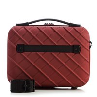 Red hard-shell case with a textured diagonal pattern, black strap, and handle, featuring a secure closure and smooth edges.