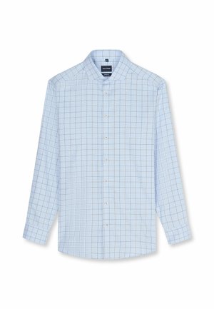 Camicia elegante azzurro chiaro a maniche lunghe con motivo a quadri e chiusura frontale con bottoni, stesa e abbottonata.