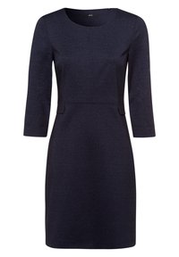 Navyblaues Kleid mit rundem Ausschnitt, Dreiviertelärmeln und dezent strukturiertem Stoff. Verfügt über Nahttaschen an der Seite und eine taillierte Passform.