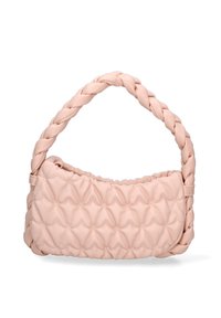 Borsa a tracolla rosa imbottita con manico intrecciato, realizzata in materiale morbido, presenta un'apertura arricciata e un motivo triangolare sulla parte esterna.