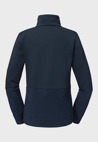 Marineblauer Pullover mit hohem Kragen, strukturiertem oberen Teil und glattem unteren Teil. Verfügt über lange Ärmel und einen geraden Saum.