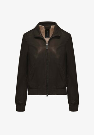 Donkerbruine leren bomberjack met ritssluiting, geribbelde boorden en zoom, opstaande kraag en beige voering.