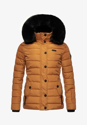 Pufferjakke i brent oransje med svart faux pelskrage, med vertikal quiltedesign, frontknapper og glidelåslommer på sidene.