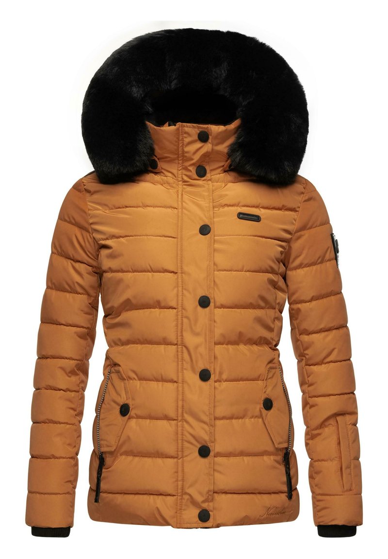 Pufferjack met een verbrand oranje kleur en een zwarte nepbontkraag, met een verticale gestikte design, voor knopen en met rits zijzakken.