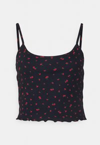 Top de alças finas preto com textura canelada, apresentando um padrão de pequenos morangos vermelhos e folhas verdes, com bainha em formato de onda.