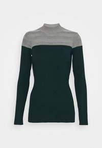 Grüner, gerippter Pullover mit langen Ärmeln und hohem Kragen, der ein graues gestreiftes Muster über der oberen Brust aufweist. Glatte Textur.