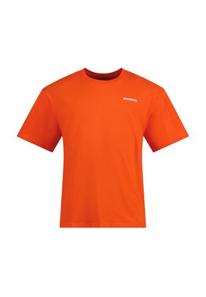 T-shirt di cotone arancione con collo rotondo a giro, maniche corte e un logo bianco sul petto. Design semplice e senza fronzoli.