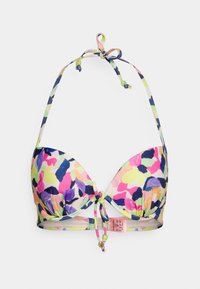 Top de biquíni acolchoado com um padrão floral multicolorido apresentando rosa, roxo e verde. Amarrações no pescoço e na frente; material liso e elástico.