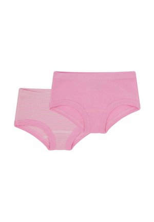 Due coppie di mutande di cotone rosa, una in tinta unita e l'altra a righe bianche. Entrambe presentano ampie fasce elastiche e bordi morbidi e senza cuciture.