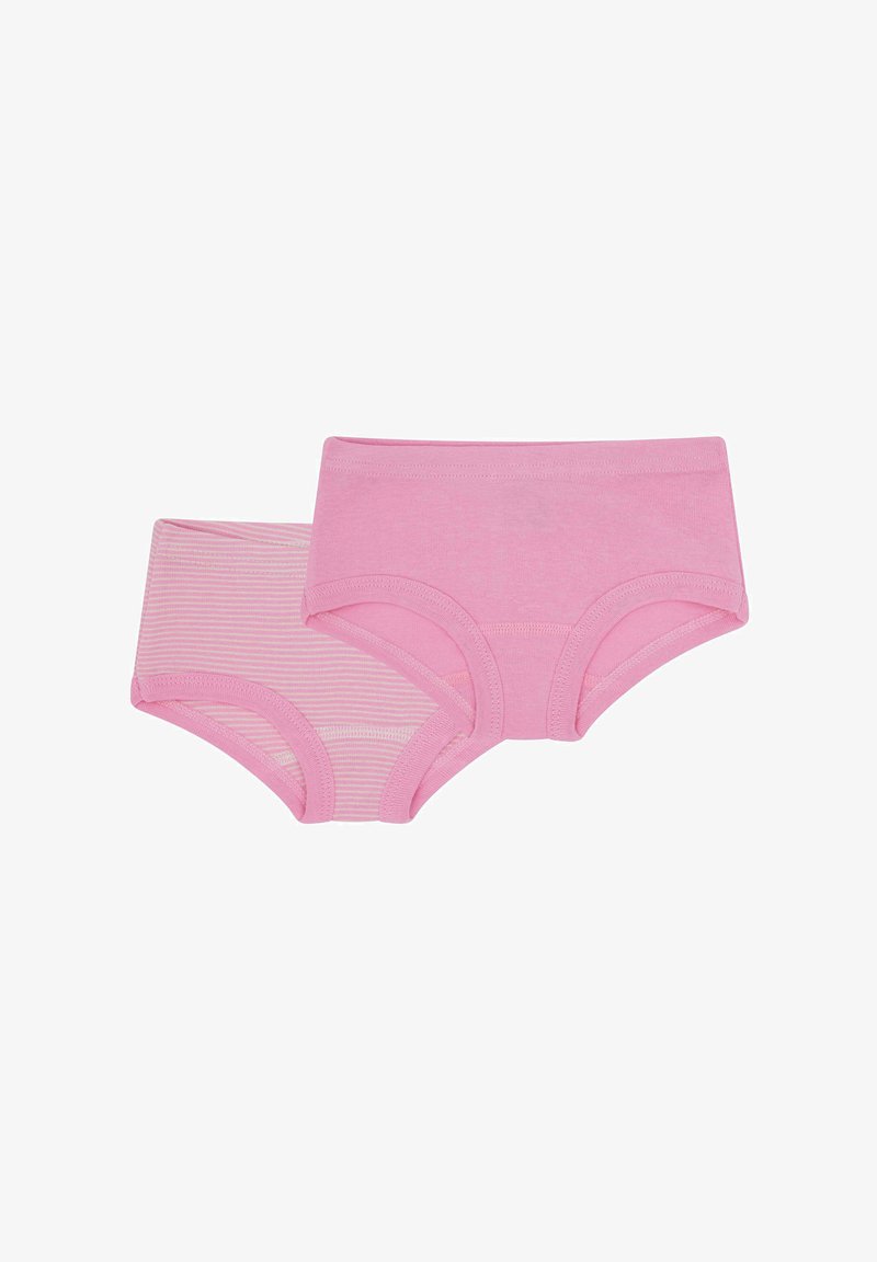 Two pairs of pink cotton underwear, one solid and one with white stripes. Both feature wide elastic bands and soft, seamless edges.