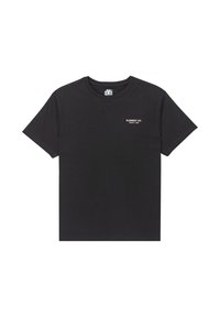 Schwarzes Baumwoll-T-Shirt mit Rundhalsausschnitt, kurzen Ärmeln und einem kleinen weißen Logo auf der linken Brust. Glatte Textur, klassische Passform.