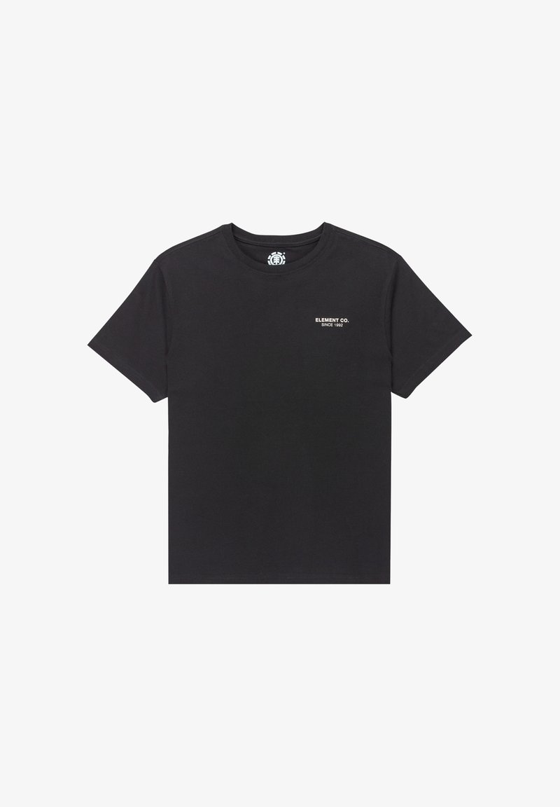 Zwarte katoenen t-shirt met een ronde hals, korte mouwen en een klein wit logo op de linkerkant van de borst. Glad textuur, klassieke pasvorm.