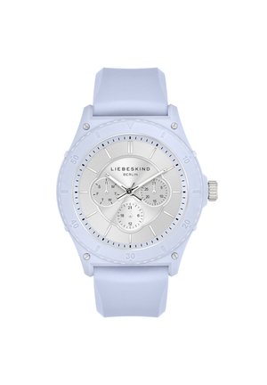 Lyseblå silikoneur med sølvfarvet urskive, udstyret med timemarkører, datofunktion og tre sub-ure. Sølvkrone på siden.