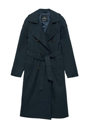 Marineblauer Trenchcoat aus leichtem Stoff, mit doppelreihigen Knöpfen, tailliertem Gürtel, großem Kragen und seitlichen Taschen.