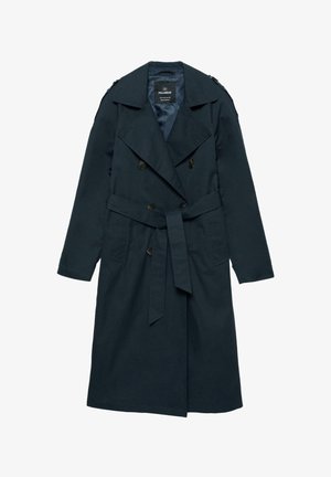Marineblauer Trenchcoat aus leichtem Stoff, mit doppelreihigen Knöpfen, tailliertem Gürtel, großem Kragen und seitlichen Taschen.