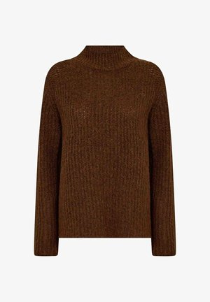 Brown knitted sweater with a high neck, long sleeves, and a textured surface featuring subtle open-knit details.