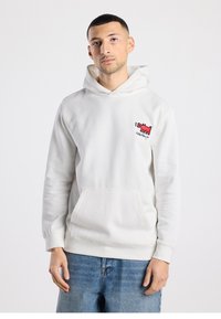 Witte katoenen hoodie met een voorzak, met een rood-zwart motief op de borst en geribbelde manchetten voor een aansluitende pasvorm.