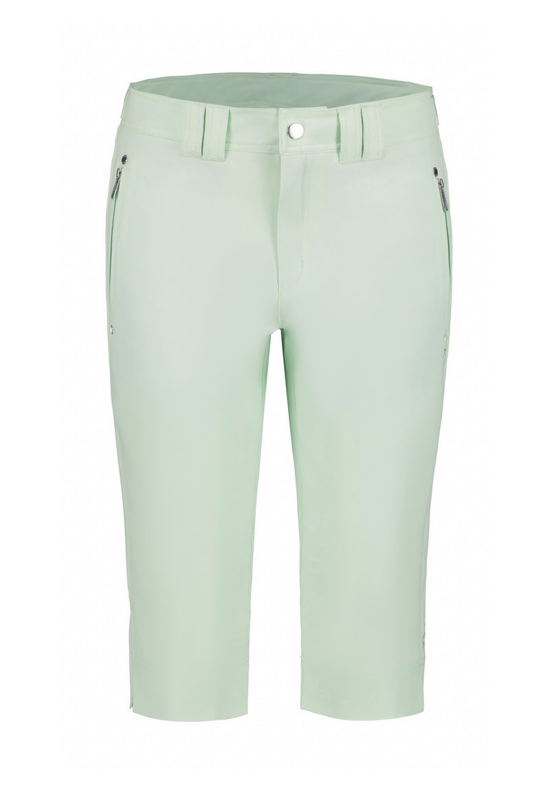 Shorts verde chiaro realizzati in un tessuto liscio e leggero. Presentano due tasche anteriori con zip e una cintura piatta con passanti per la cintura.