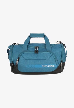 Türkise Reisetasche mit schwarzem Boden, Stofftextur, doppelten Reißverschluss-Verschlüssen, Tragegriffen und „travelite“-Logo in Weiß.