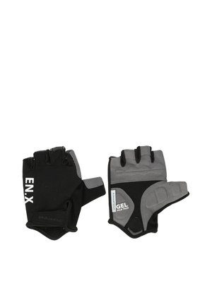 Paar schwarzer und grauer fingerloser Radhandschuhe mit Gel-Handflächenpolstern und Klettverschluss am Handgelenk, mit den Marken EN.X und Endurance.
