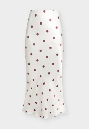 Λευκή μίντι φούστα με βυσσινί πουά, εφαρμοστή στο πάνω μέρος και με ελαφρά φούσκωμα στο τελείωμα.