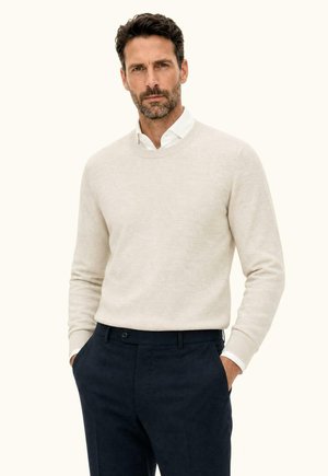 Mand med kort mørkt hår og skæg bærer en lys beige sweater over en hvid skjorte med krave og mørke bukser, stående med hænderne i lommerne.