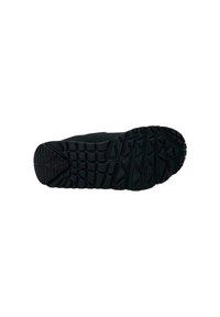 Sole di scarpa sportiva nera in gomma testurizzata; presenta modelli di battistrada prominenti e scanalature profonde per trazione e stabilità.