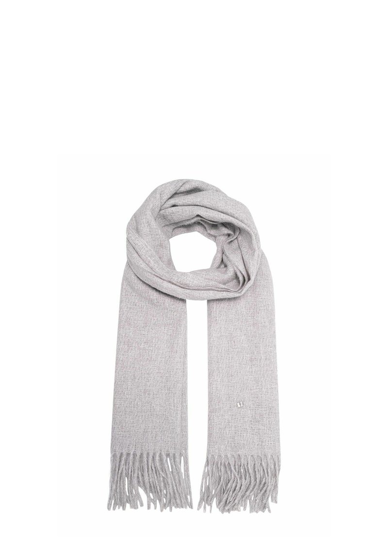 Szary tkany szalik z frędzlami na brzegach, z delikatnym teksturowanym wzorem i małym metalicznym akcentem. Miękki materiał, lekka konstrukcja.