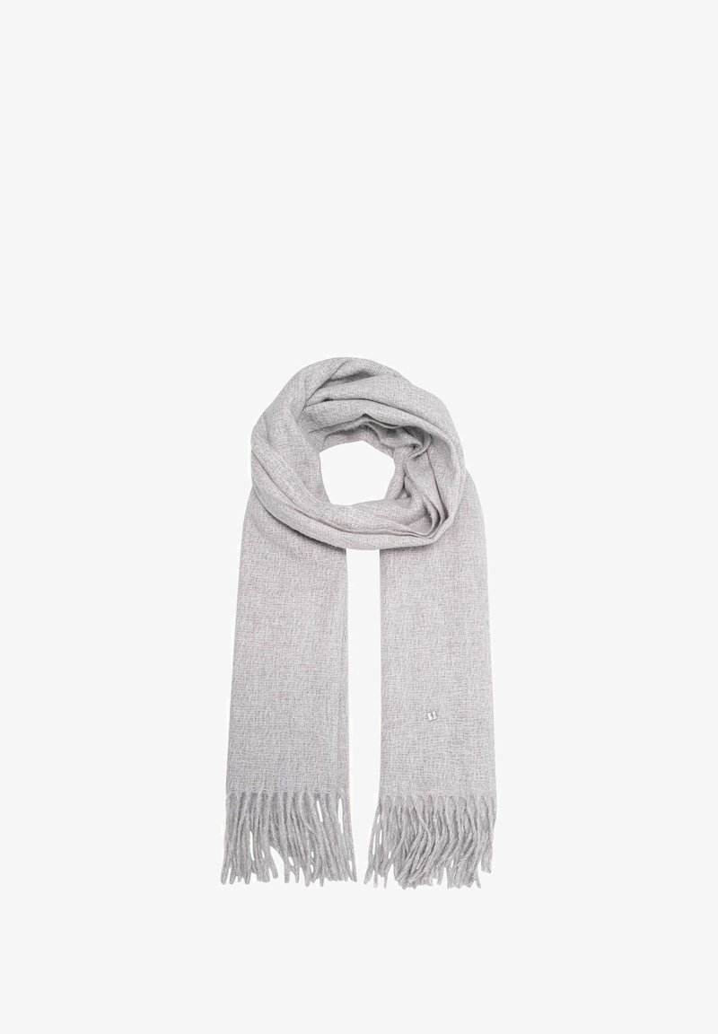 Szary tkany szalik z frędzlami na brzegach, z delikatnym teksturowanym wzorem i małym metalicznym akcentem. Miękki materiał, lekka konstrukcja.