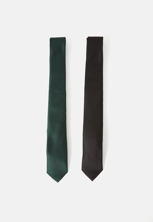 Two slim ties: one in dark green satin and the other in black satin, both featuring a pointed tip and smooth texture.