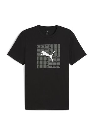 Sort bomulds t-shirt med korte ærmer, med et gråt grafisk design af Puma-logoet og mærketekst i en firkantet opstilling.