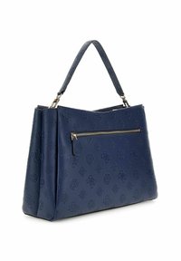 Sac à main en simili cuir bleu marine avec motifs floraux embossés, une poche avant zippée et une silhouette structurée. Dispose de deux poignées.