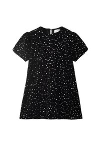 Svart sammet klänning med korta puffärmar, prydd med spridda silverfärgade cirkelpaljetter. Dragkedjestängning i ryggen, A-linjeformad silhuett, slät textur.