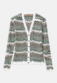 Cardigan cu un model cu zigzaguri în nuanțe de verde, negru și maro. Are un tiv alb și închidere cu nasturi. Textură tricotată moale.