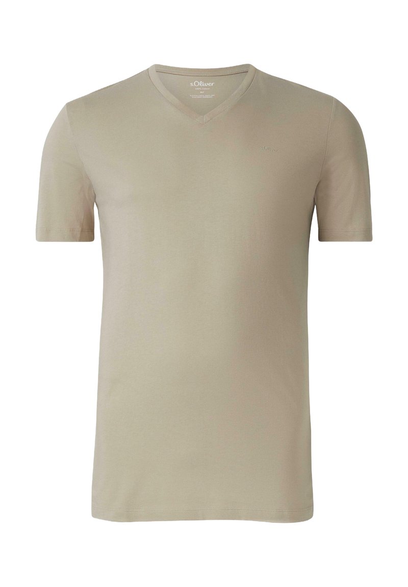 Beige korte mouwen V-hals T-shirt van zacht katoen. Bevat een subtiele merklogo op de linkerkant van de borst. Gladde textuur, normale pasvorm.