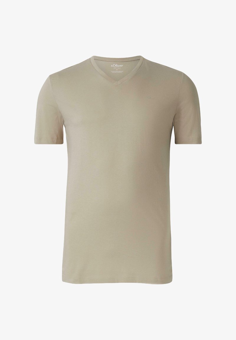 Beżowy t-shirt z krótkim rękawem i dekoltem w serek, wykonany z miękkiej bawełny. Posiada subtelne logo marki na lewej stronie klatki piersiowej. Gładka tekstura, regularny krój.