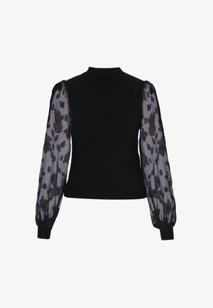 Fekete kötött pulóver áttetsző, virágmintás ujjakkal, magas nyakkal és bordázott mandzsettákkal. A test egyszínű fekete, az ujjak enyhén pufókak.