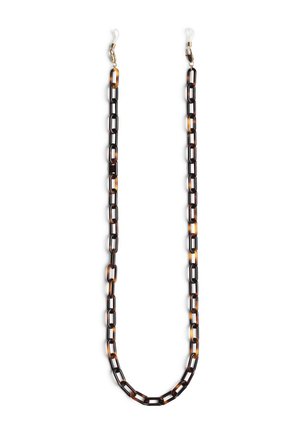 Collier en acrylique à motifs écaille de tortue avec des maillons alternés de marron foncé et clair, présentant des éléments en métal doré aux extrémités.