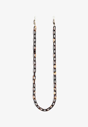 Naszyjnik z akrylowego łańcucha w wzór żółwia, z naprzemiennymi ciemnobrązowymi i jasnobrązowymi ogniwami, z elementami w kolorze złotym na końcach.