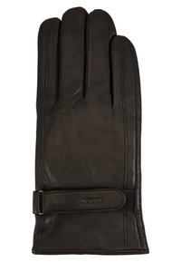 Schwarzer Lederhandschuh mit strukturierter Oberfläche, Design für drei Finger und verstellbarem Riemen mit eingeprägtem Markenlogo.