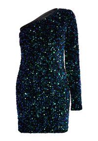 Krátké, přiléhavé šaty se jedním dlouhým rukávem. Pokryté černou látkou s vícebarevnými flitry v zelených a modrých odstínech.