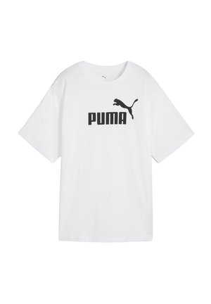 Hvid bomulds T-shirt med løs pasform, der har et sort "PUMA" logo og en puma silhuet på forsiden. Korte ærmer og rund halsudskæring.