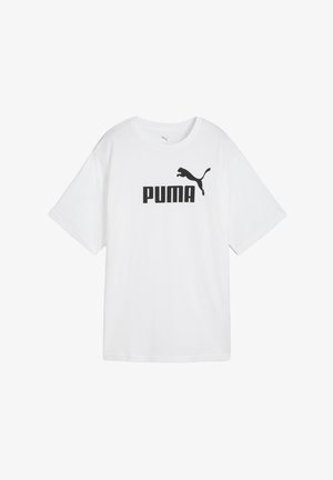 Biała bawełniana koszulka T-shirt o luźnym kroju, z czarnym logo "PUMA" oraz sylwetką pumy z przodu. Krótkie rękawy i okrągły dekolt.
